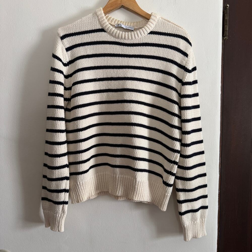 ZARA | Cream and Black Chunky Knit Nautical Breton Stripe Sweater | Medium